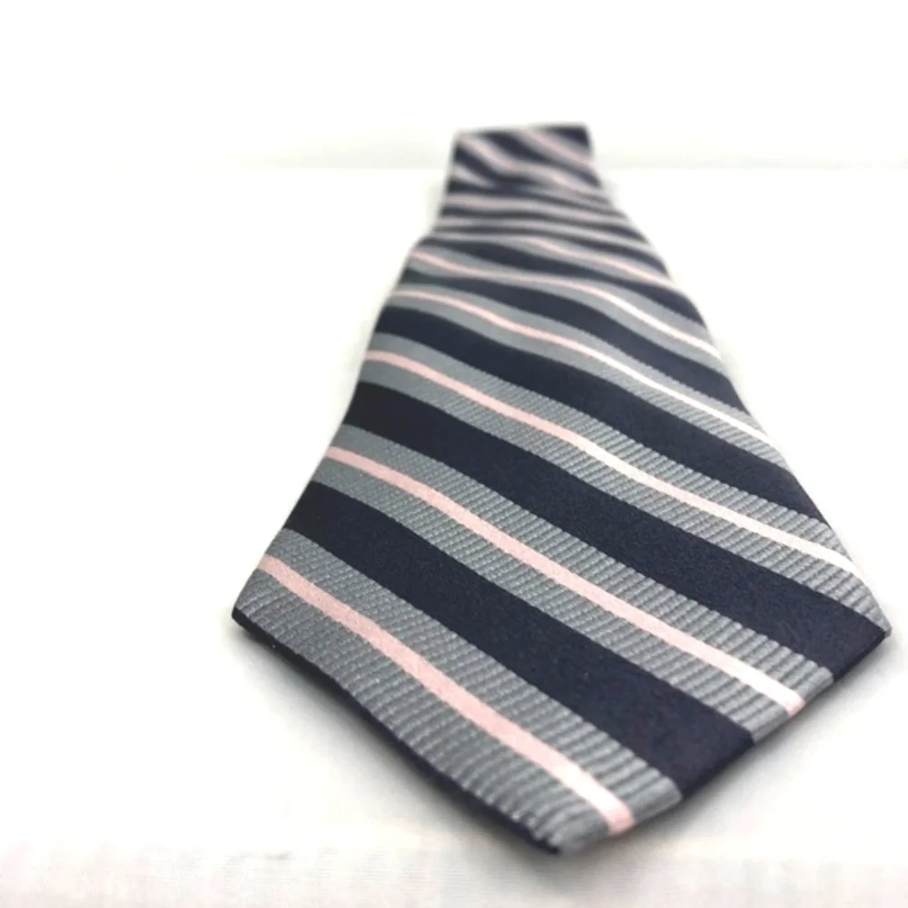 New With Tags Merona 100% Silk Gray and Pink Striped Traditional Long Neck Tie